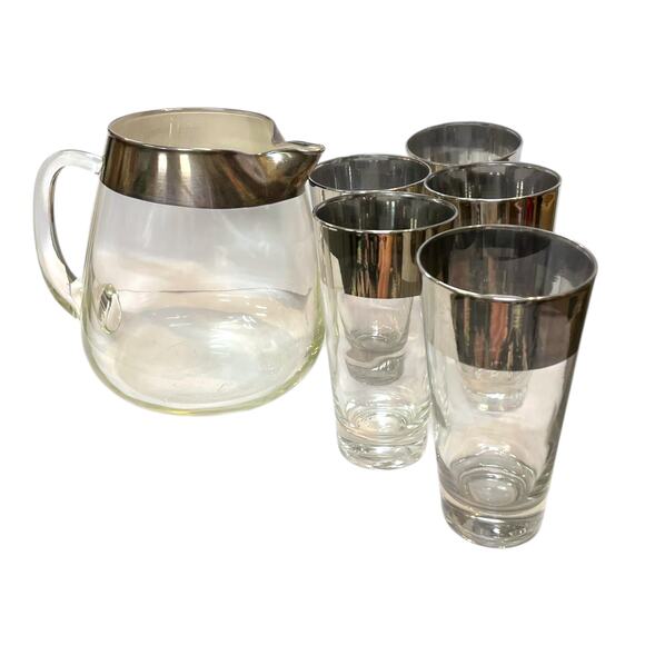 60's Vintage Dorothy Thorpe Silver Luster Barware Pitcher & Glasses Set